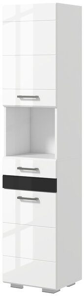 Kleankin sloupec pro úsporu místa do koupelny z MDF, koupelnová skříň s otevřenou policí, zásuvkou a uzavřenou skříňkou, 37x32,5x170 cm, leskle bílá |