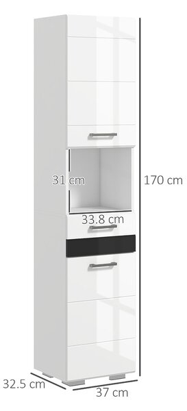 Kleankin sloupec pro úsporu místa do koupelny z MDF, koupelnová skříň s otevřenou policí, zásuvkou a uzavřenou skříňkou, 37x32,5x170 cm, leskle bílá |