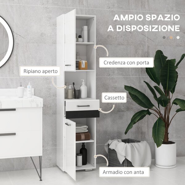 Kleankin sloupec pro úsporu místa do koupelny z MDF, koupelnová skříň s otevřenou policí, zásuvkou a uzavřenou skříňkou, 37x32,5x170 cm, leskle bílá |