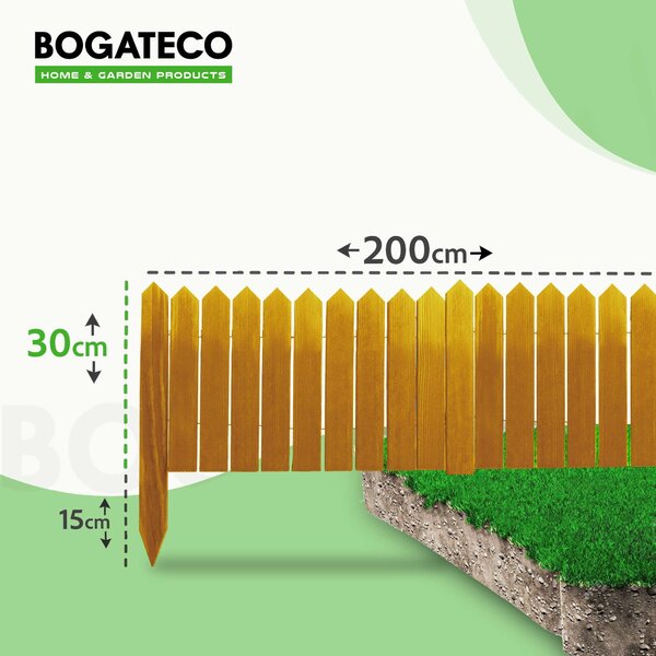 BOGATECO Rollborder dřevěné latě | 30 cm vysoké a 200 cm dlouhé | dřevěný plot | plot z latí ideální jako lemování záhonů | hnědá barva