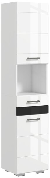 Kleankin sloupec pro úsporu místa do koupelny z MDF, koupelnová skříň s otevřenou policí, zásuvkou a uzavřenou skříňkou, 37x32,5x170 cm, leskle bílá |