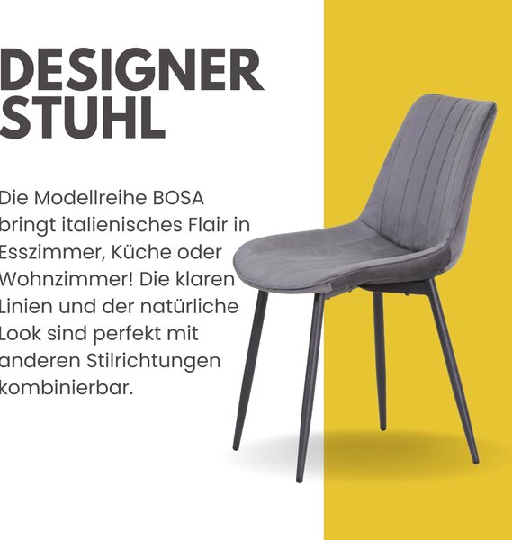 Albatros BOSA sametová židle šedá - sada 2 jídelních židlí v moderním retro designu, čalouněná a ergonomická, potah testovaný DEKRA, snadná údržba