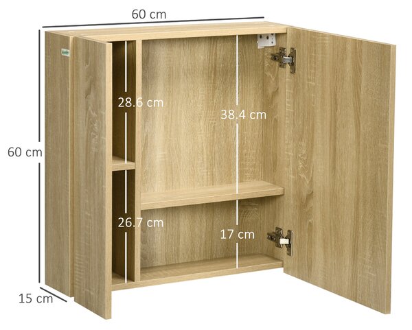 Kleankin koupelnová skříňka se zrcadlem a 4 vnitřními policemi, dřevotříska, 60x15x60 cm, Barva dřeva | Aosom