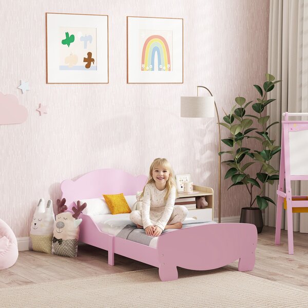 Montessori dětská postel AIYAPLAY pro děti ve věku 3-6 let, 140x70 cm jedno lůžko s ochrannými zábranami a dřevěným roštem ve tvaru medvěda do dětskéh