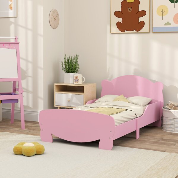 Montessori dětská postel AIYAPLAY pro děti ve věku 3-6 let, 140x70 cm jedno lůžko s ochrannými zábranami a dřevěným roštem ve tvaru medvěda do dětskéh