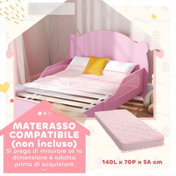 Montessori dětská postel AIYAPLAY pro děti ve věku 3-6 let, 140x70 cm jedno lůžko s ochrannými zábranami a dřevěným roštem ve tvaru medvěda do dětskéh