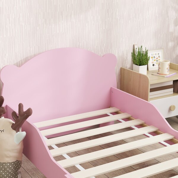 Montessori dětská postel AIYAPLAY pro děti ve věku 3-6 let, 140x70 cm jedno lůžko s ochrannými zábranami a dřevěným roštem ve tvaru medvěda do dětskéh