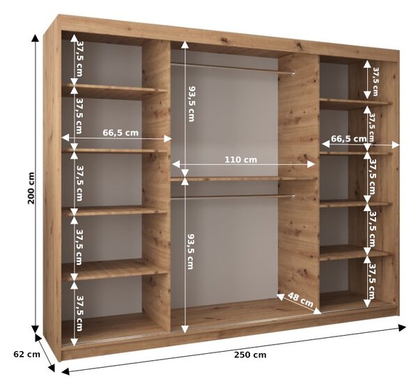 Šatní skříň 250 cm Toki (Černá matná + Černá matná)