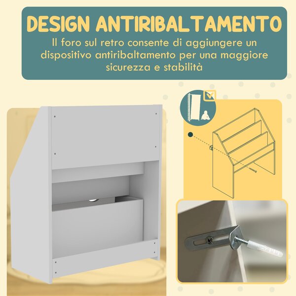 AIYAPLAY Dětský knihovnička 3-8 let se 3 policemi a spodním šuplíkem, MDF dřevěný regál na hračky, 62,5x30x70 cm, Bílá | Aosom