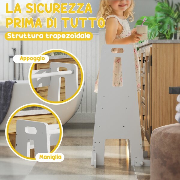 Montessori věž AIYAPLAY pro děti nastavitelná ve 3 úrovních se zabezpečovacím zábradlím, Montessori schůdky pro děti ve věku 3-6 let z dřeva, do koupe