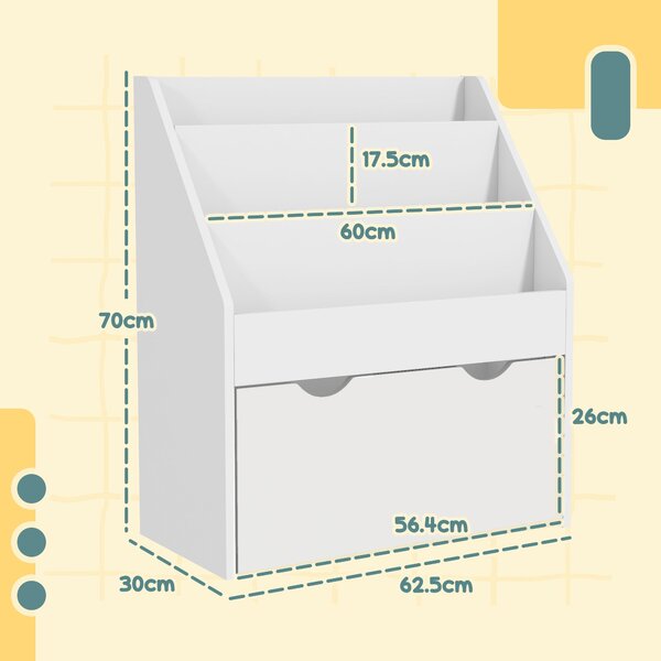 AIYAPLAY Dětský knihovnička 3-8 let se 3 policemi a spodním šuplíkem, MDF dřevěný regál na hračky, 62,5x30x70 cm, Bílá | Aosom