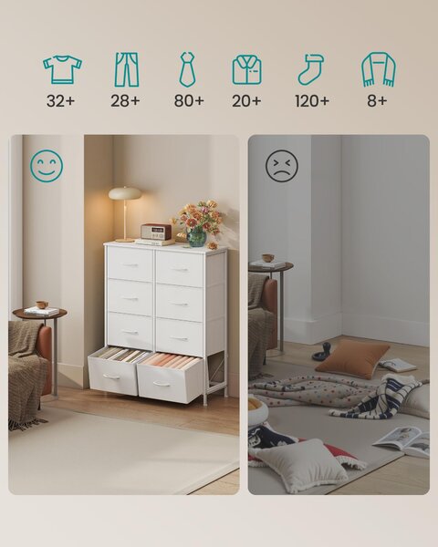 SONGMICS Komoda, skříň, 8 látkových zásuvek, do ložnice, předsíně, obývacího pokoje, bílá