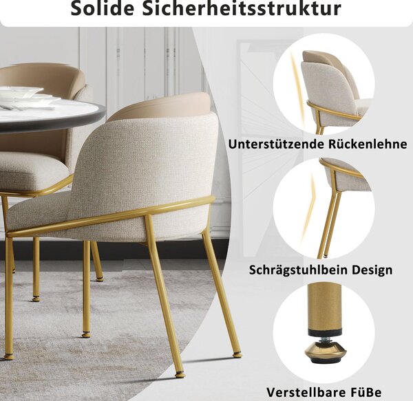 Sada 6 ergonomických jídelních židlí, s nakloněnými nohami, nastavitelnými nožičkami, polstrovanými sedáky, vhodné do kuchyně, rozměry 55x55x85 cm, barva: béžová + khaki
