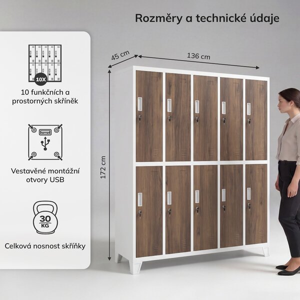 Šatní skříň BOZP 10dveřová bílá/ořech, 1360x1720x450 mm: BARTEK Eco Design
