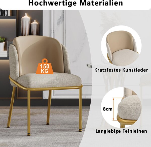 Sada 6 ergonomických jídelních židlí, s nakloněnými nohami, nastavitelnými nožičkami, polstrovanými sedáky, vhodné do kuchyně, rozměry 55x55x85 cm, barva: béžová + khaki
