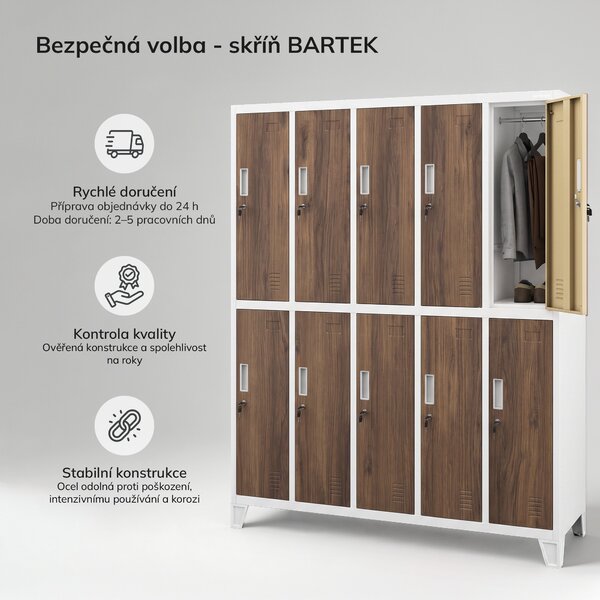 Šatní skříň BOZP 10dveřová bílá/ořech, 1360x1720x450 mm: BARTEK Eco Design