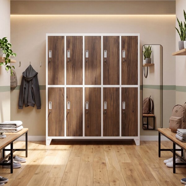 Šatní skříň BOZP 10dveřová bílá/ořech, 1360x1720x450 mm: BARTEK Eco Design