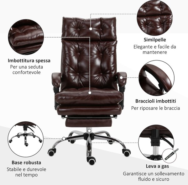 Ergonomická kancelářská židle Vinsetto z umělé kůže, otočná židle s nastavitelnou výškou, sklonem 135° a sklápěcím podnožním základem pro studium a pr