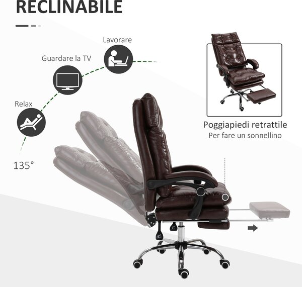 Ergonomická kancelářská židle Vinsetto z umělé kůže, otočná židle s nastavitelnou výškou, sklonem 135° a sklápěcím podnožním základem pro studium a pr