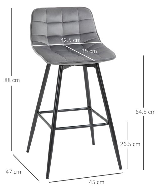 HOMCOM Sada 2 vysokých stoliček v severském stylu s opěrkou a opěrkou na nohy, stoličky s efektem sametu a kovem, 45x47x88 cm, šedá | Aosom