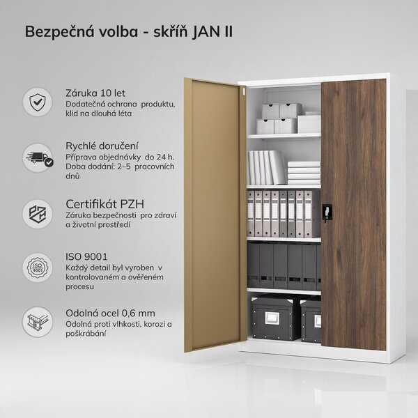 Kovová kancelářská skříň na spisy bílá / ořech, 1150x1850x400 mm: JAN II Eco Design
