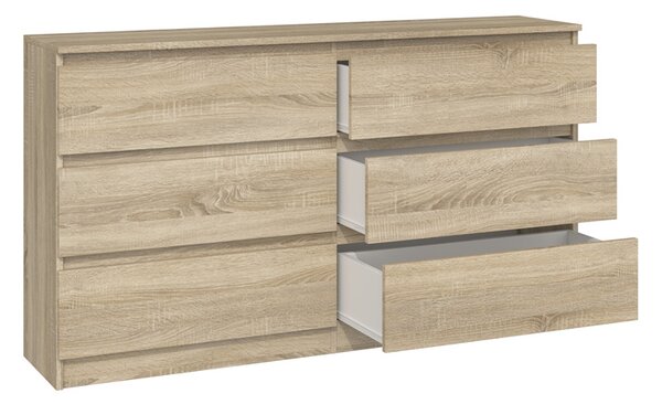 VBChome komoda se 6 zásuvkami 140 x 40 x 77 cm dub Sonoma bez úchytek víceúčelová skříňka do předsíně ložnice obývacího pokoje dětský pokoj moderní