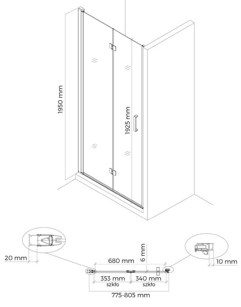 Oltens Hallan sprchové dveře 80 cm skládací černá matný/průhledné sklo 21200300