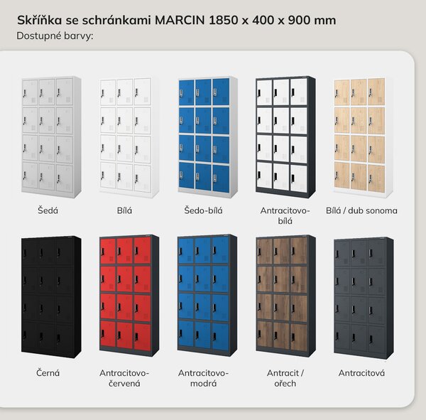 Sociální BHP skříňka s přihrádkami bílá, 900x1850x400 mm: MARCIN