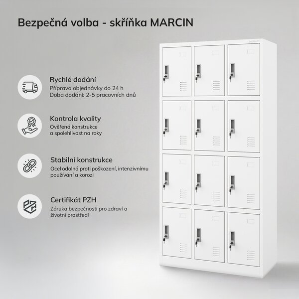 Sociální BHP skříňka s přihrádkami bílá, 900x1850x400 mm: MARCIN