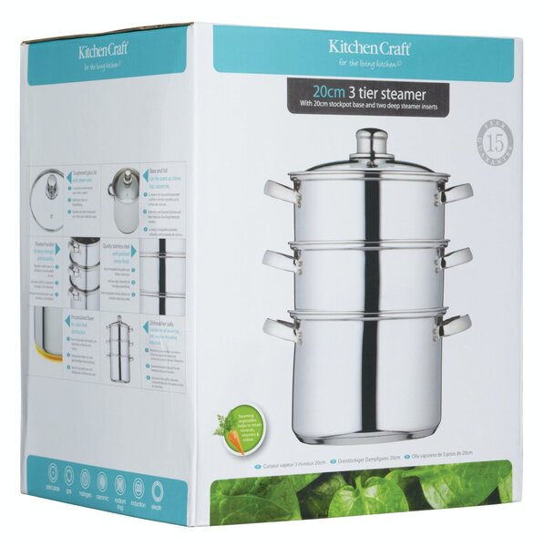 KitchenCraft nerezový parní hrnec 20 cm, 3 patra – napařovací hrnec na sporák pro zdravé vaření v páře, vícepatrový hrnec