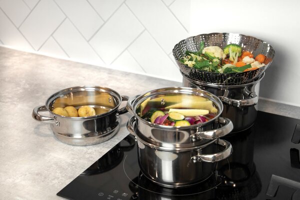 KitchenCraft nerezový parní hrnec 20 cm, 3 patra – napařovací hrnec na sporák pro zdravé vaření v páře, vícepatrový hrnec