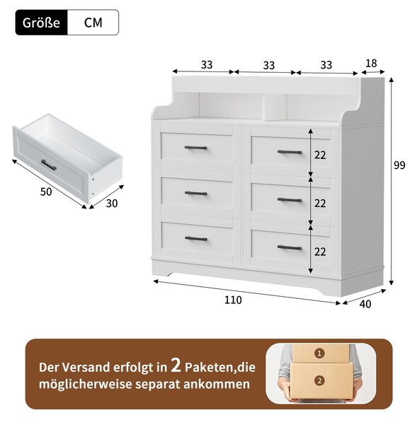 Komoda ProximaX, 6 zásuvek, bílá, MDF, RGB LED osvětlení, 2 zásuvky AC + 2 USB porty, ochrana proti převrácení, rozměry 110 x 40 x 99 cm
