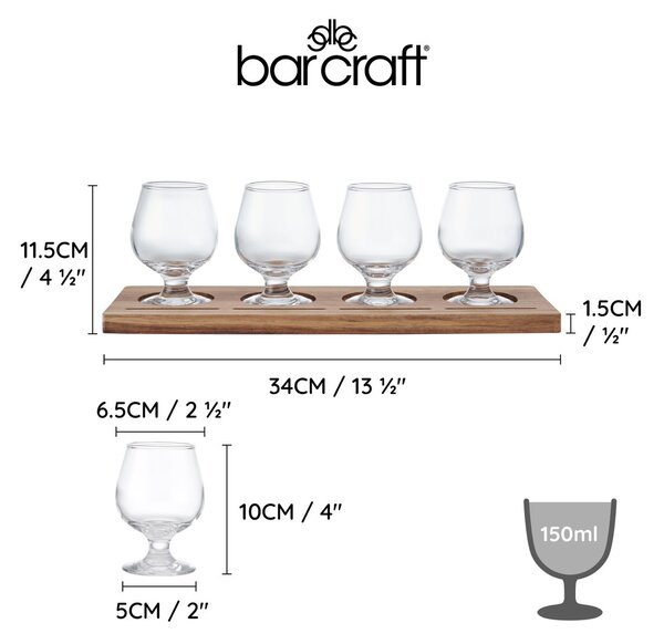 BarCraft degustační sada sklenic 4× 150 ml se servírovacím prkénkem – sada na piva, cidery, rum i destiláty