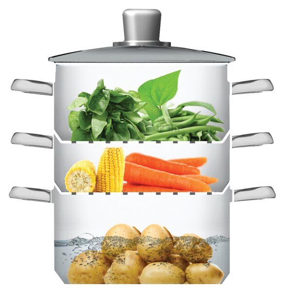 KitchenCraft nerezový parní hrnec 20 cm, 3 patra – napařovací hrnec na sporák pro zdravé vaření v páře, vícepatrový hrnec