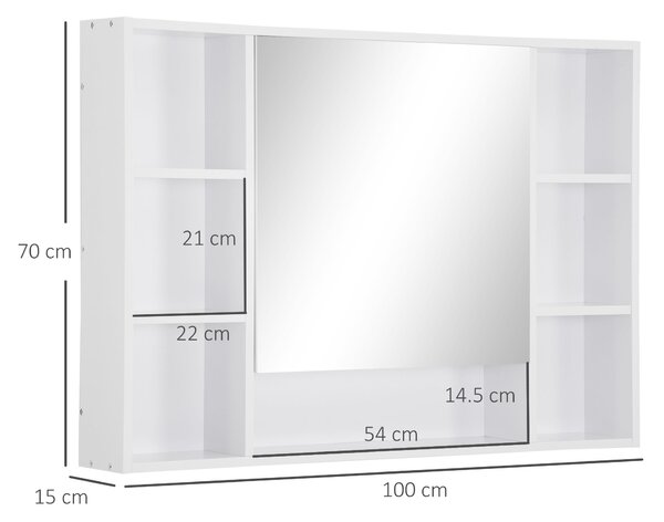 Kleankin koupelnové zrcadlo s otevřenými policemi a zrcadlovými dveřmi skříňky, úsporná bílá koupelnová skříňka, 100x15x70cm | Aosom