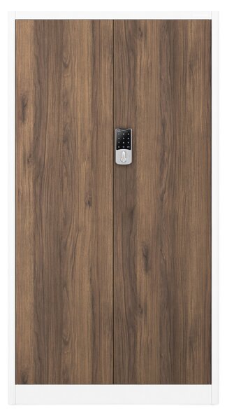 Kovová kancelářská skříň se zámkem na kód bílá, ořech, 900x1850x400 mm: DANIEL Eco Design