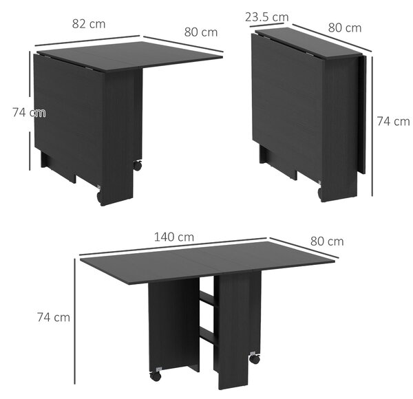 HOMCOM Skládací Stůl na Kolečkách, Moderní Jídelní Stůl, Úsporný Skládací, Moderní Design, s Kolečky, Úložné Poličky, 140 × 80 × 74 cm, Černý | Aosom