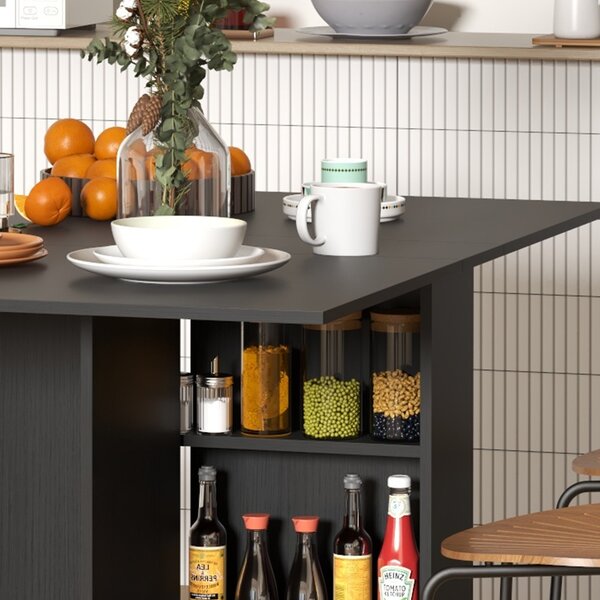 HOMCOM Skládací Stůl na Kolečkách, Moderní Jídelní Stůl, Úsporný Skládací, Moderní Design, s Kolečky, Úložné Poličky, 140 × 80 × 74 cm, Černý | Aosom