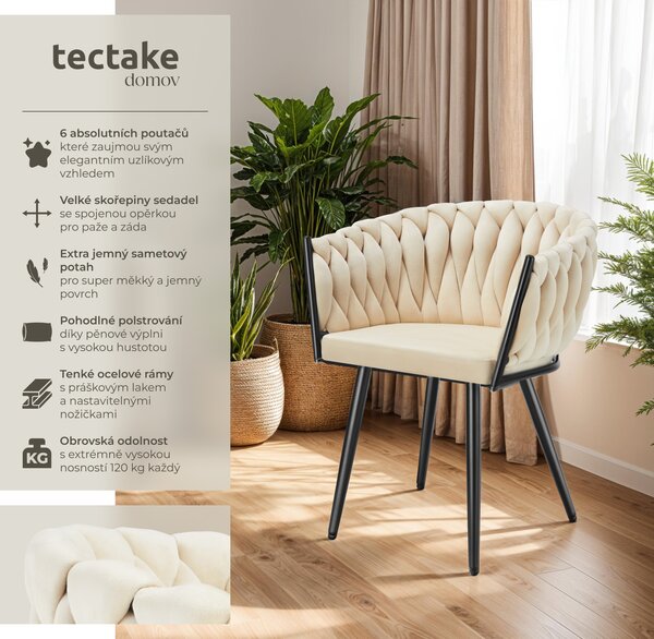 Tectake® Set jídelní židle Astano čalouněná, se sametovým potahem, pletený vzor 60,5 x 55 x 75 cm