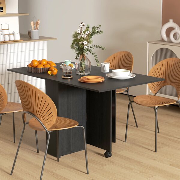 HOMCOM Skládací Stůl na Kolečkách, Moderní Jídelní Stůl, Úsporný Skládací, Moderní Design, s Kolečky, Úložné Poličky, 140 × 80 × 74 cm, Černý | Aosom