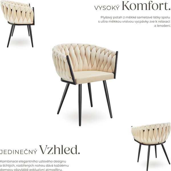 Tectake® Set jídelní židle Astano čalouněná, se sametovým potahem, pletený vzor 60,5 x 55 x 75 cm