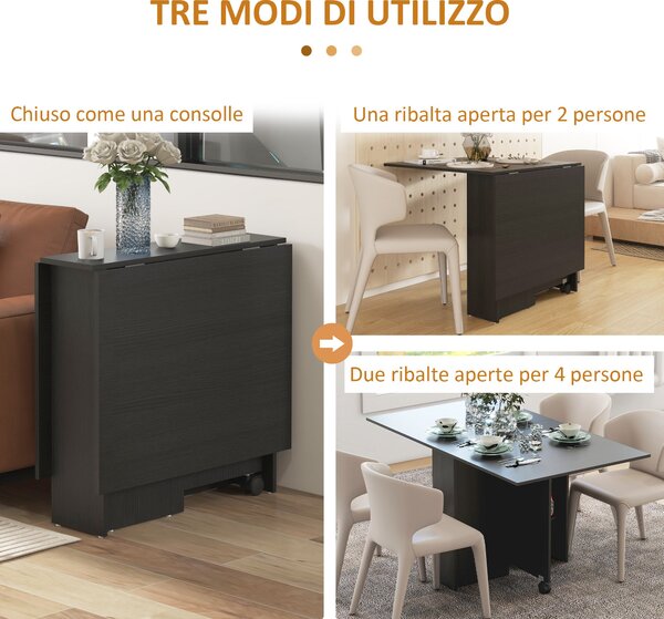 HOMCOM Skládací Stůl na Kolečkách, Moderní Jídelní Stůl, Úsporný Skládací, Moderní Design, s Kolečky, Úložné Poličky, 140 × 80 × 74 cm, Černý | Aosom