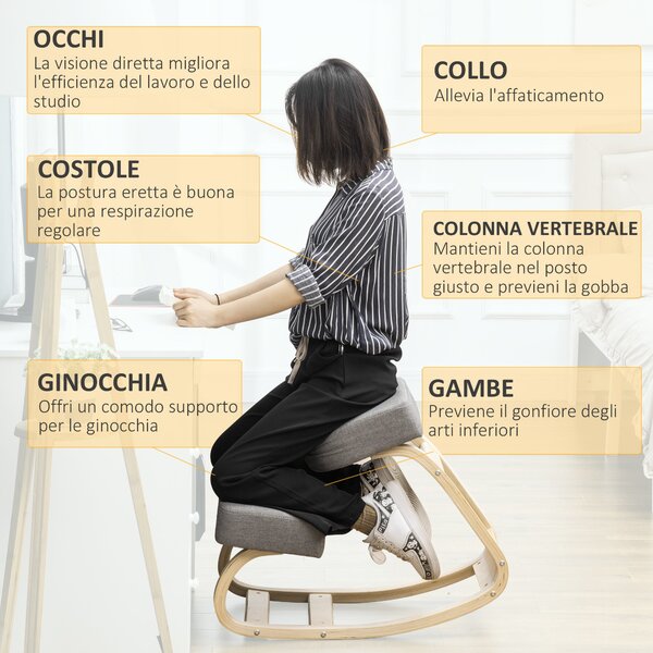Ergonomická klečící židle Vinsetto z březového dřeva, židle pro správné sezení s paměťovou pěnou a polyesterovým polstrováním pro domov i kancelář, še