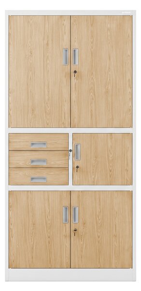 Kovová kancelářská skříň se sejfem bílá, dub sonoma, 900x1850x400 mm: FILIP II Eco Design