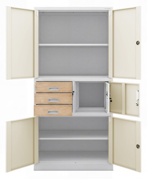 Kovová kancelářská skříň se sejfem bílá, dub sonoma, 900x1850x400 mm: FILIP II Eco Design