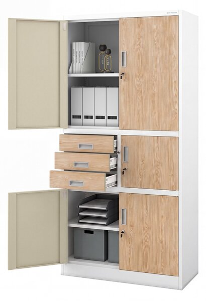Kovová kancelářská skříň se sejfem bílá, dub sonoma, 900x1850x400 mm: FILIP II Eco Design