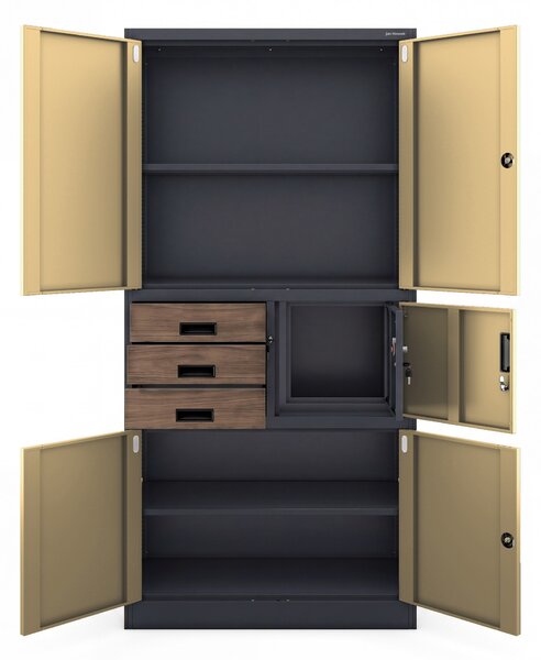 Kovová kancelářská skříň se sejfem antracitová, ořech, 900x1850x400 mm: FILIP II Eco Design