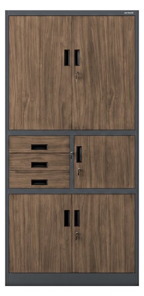 Kovová kancelářská skříň se sejfem antracitová, ořech, 900x1850x400 mm: FILIP II Eco Design
