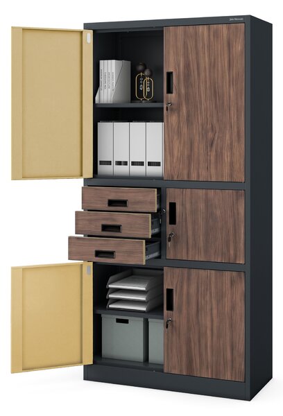 Kovová kancelářská skříň se sejfem antracitová, ořech, 900x1850x400 mm: FILIP II Eco Design