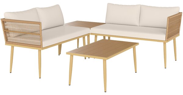 Outsunny 4dílná sada zahradního nábytku z ratanu, venkovní lounge se 2 dvoumístnými pohovkami, 2 konferenčními stolky a pratelné polštáře, ocelový rám